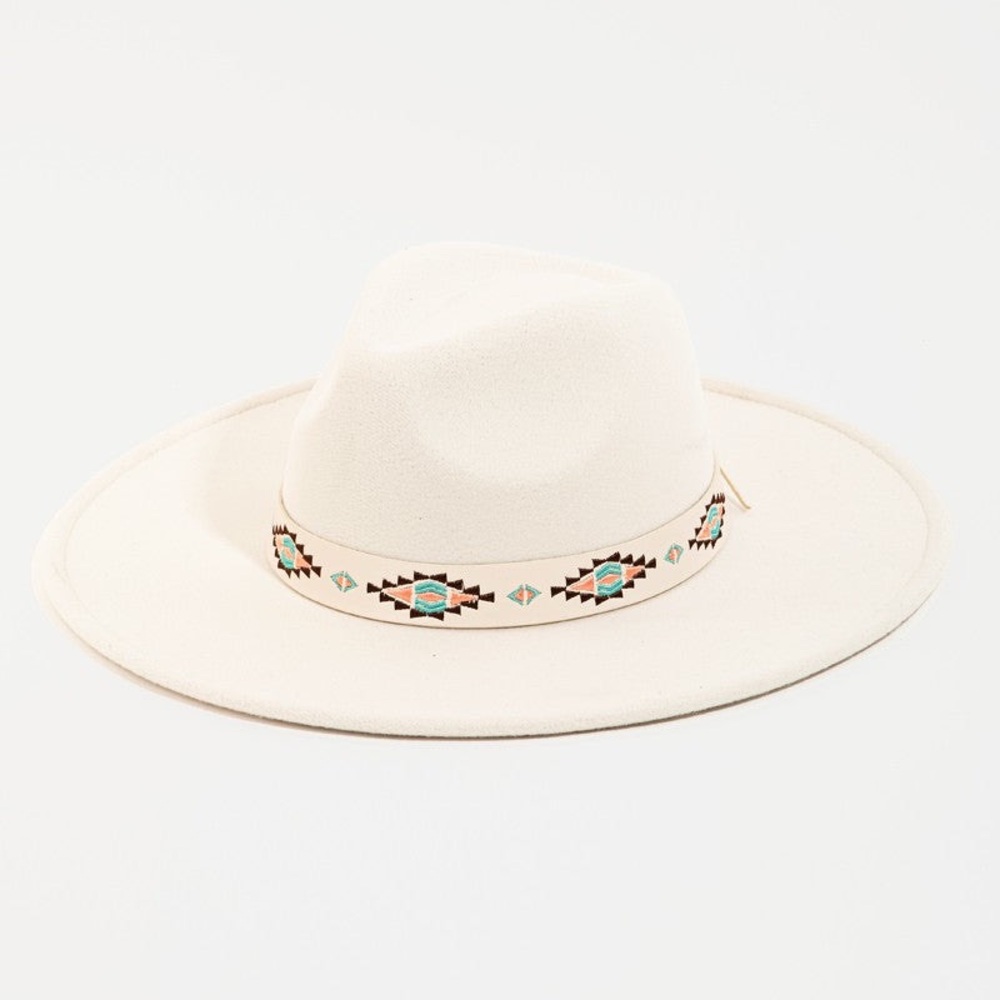 Country style Cream Wide Brim Hat with Patterned Band